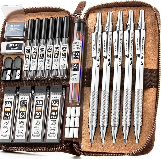 Nicpro 20PCS Metal Mechanical Pencil Set in Leather Case, Art Drafting Pencil 0.3, 0.5, 0.7, 0.9 ... | Amazon (US)