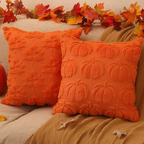 multiwins Fall Decorations Set of 2 Double-Sided Fall Pillow Covers 20" x 20", with 2 Different Looks, Orange Pumpkin & Leaf, Soft Plush Faux Fur Throw Pillow Covers for Sofa Bedroom Home Decor | Amazon (US)