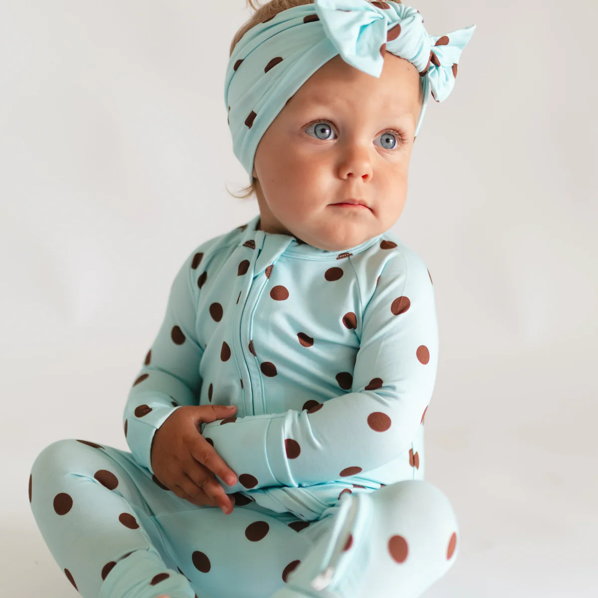 Infant Knot Head Bow in Blue & Brown Polka Dot | Silks Design