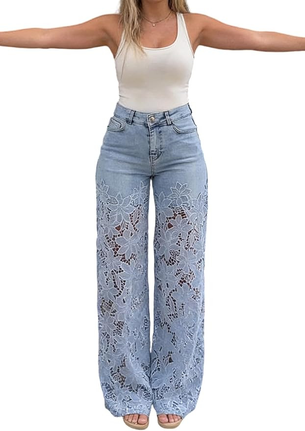 Molisry Women's Lace Floral Jeans Embellished Jeans Hollow Out Straight Leg Trendy Denim Baggy Pa... | Amazon (US)