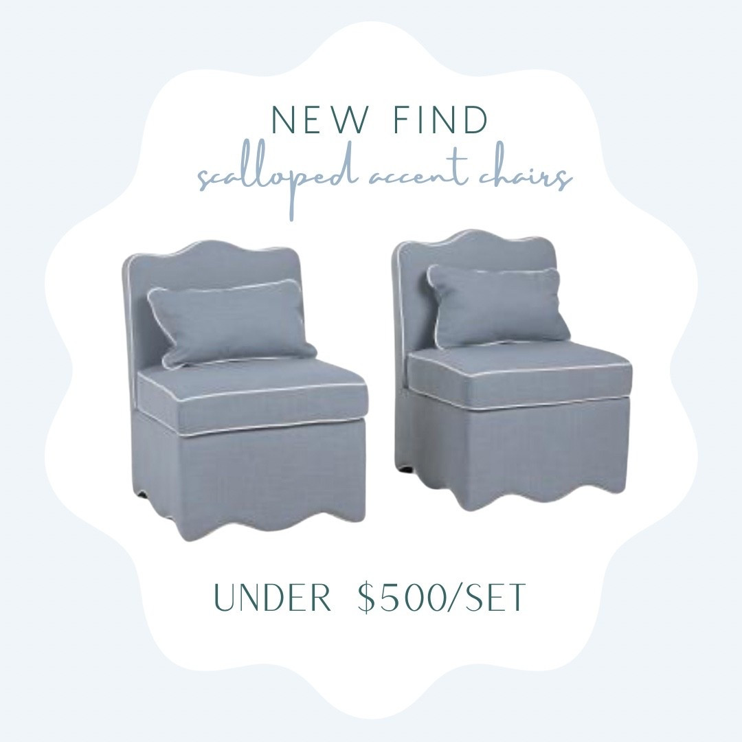Blue accent chairs with scalloped detail! Set of 2 under $500! 

Scalloped accent chairs, blue chairs, Serena and Lily chair lookalike, look for less, blue and white accent chairs 