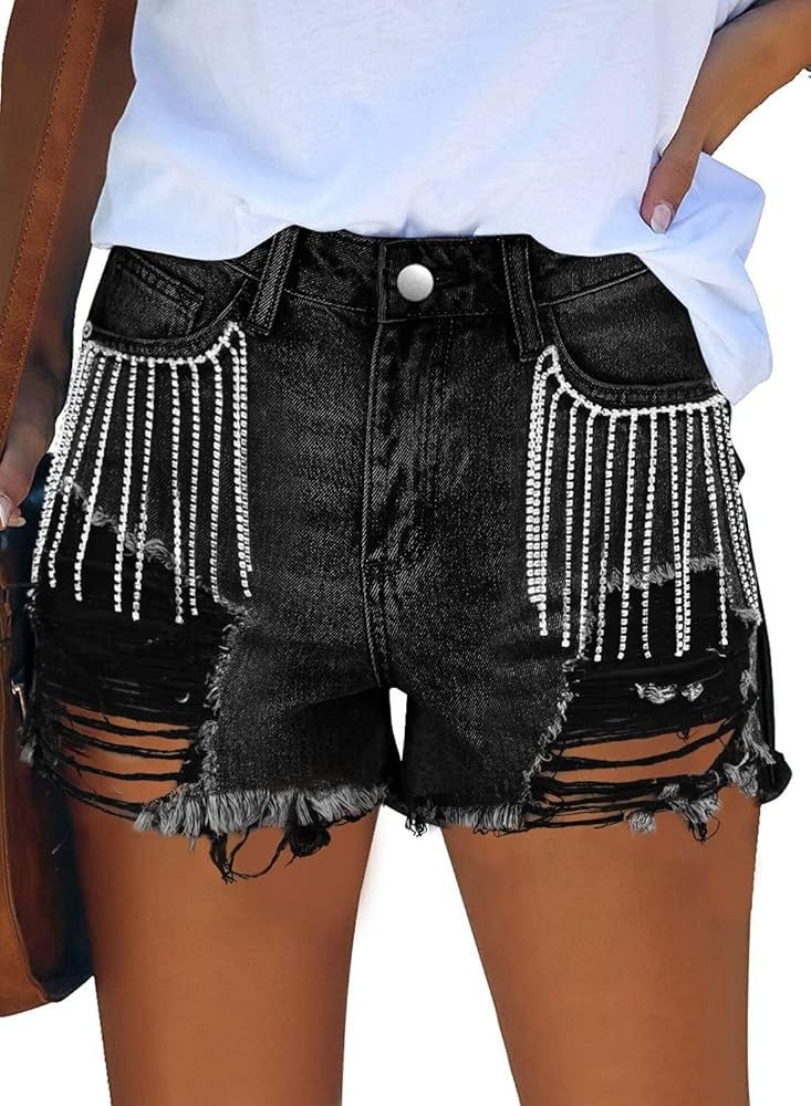Women Mid Rise Ripped Jean Shorts Casual Stretchy Denim Shorts Frayed Raw Hem | Amazon (US)