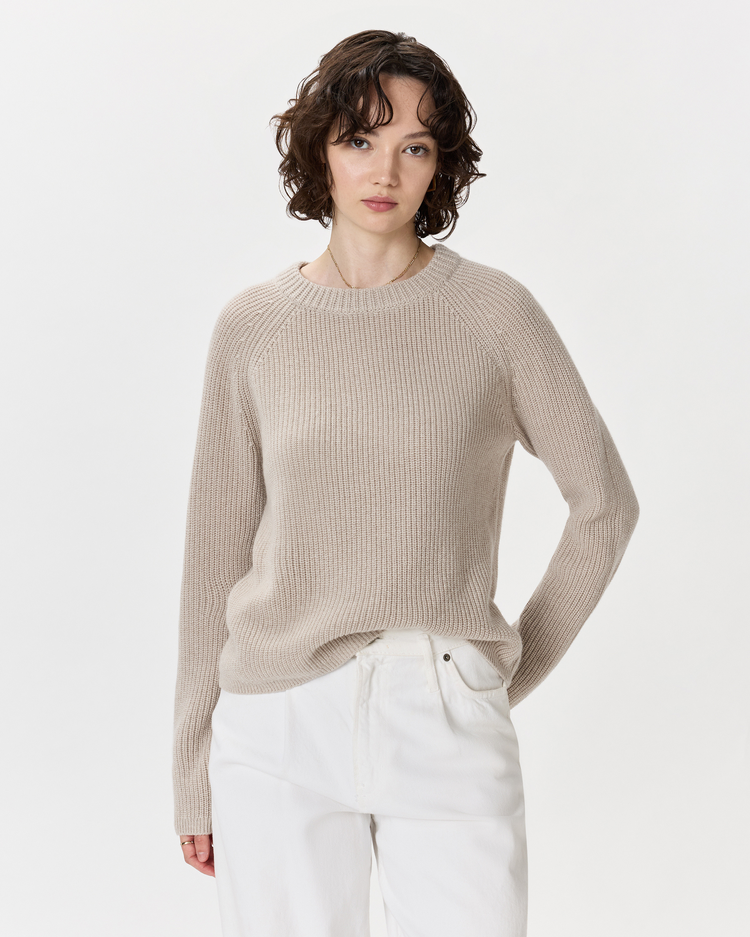 Quince | Women's Mongolian Cashmere Fisherman Crewneck Sweater in Heather Cloud Beige, Size XS | Quince