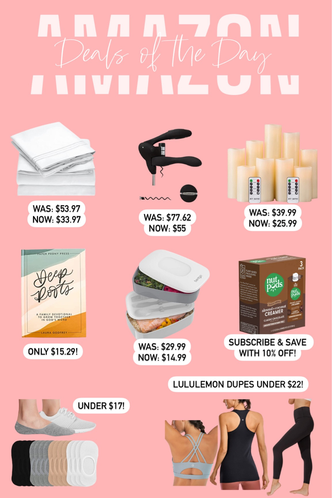 Amazon Deals of the day! The best sheets ever are $20 off! This Rabbit corkscrew is such a great Christmas gift for wine lover and is ONLY $55! Tons of activewear under $22! My favorite flickering candles are on sale right now and perfect for your home decor! Gifts for her // gift guide // stocking stuffers 

#LTKGiftGuide #LTKHoliday #LTKhome