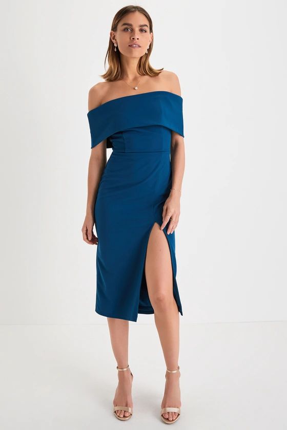 Luxe Attitude Dark Teal Blue Off-the-Shoulder Bodycon Midi Dress | Lulus