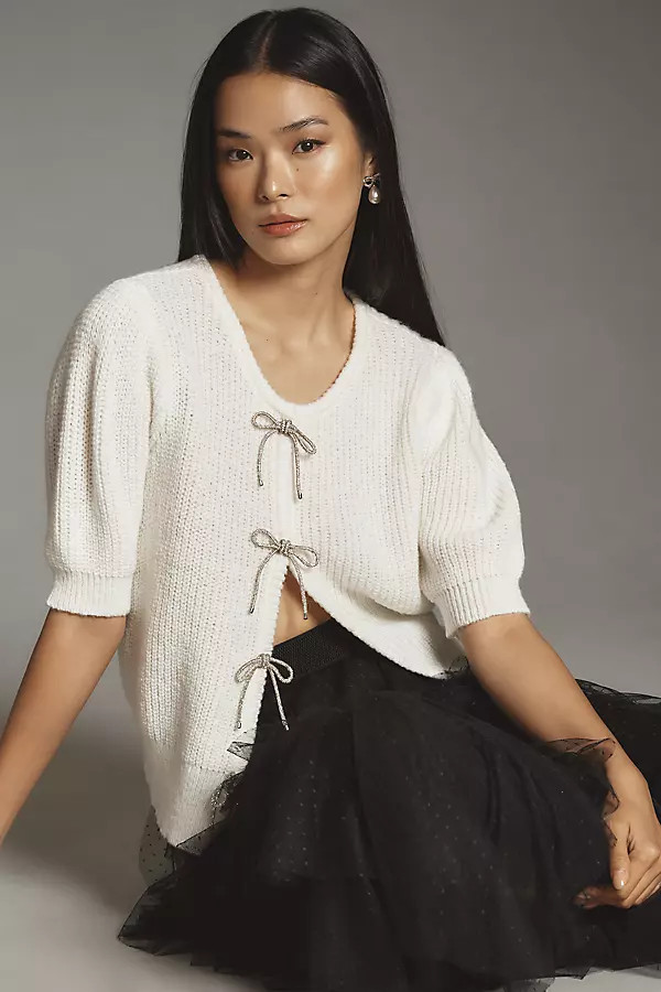 Short-Sleeve Embellished Bow Cardigan Sweater | Anthropologie (US)