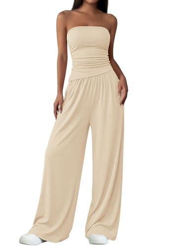 PRETTYGARDEN Summer Sets Women 2 Piece Outfits Asymmetrical Tube Tops and Pants Beach Vacation Airport Matching Lounge Set(Beige,X-Small) | Amazon (US)