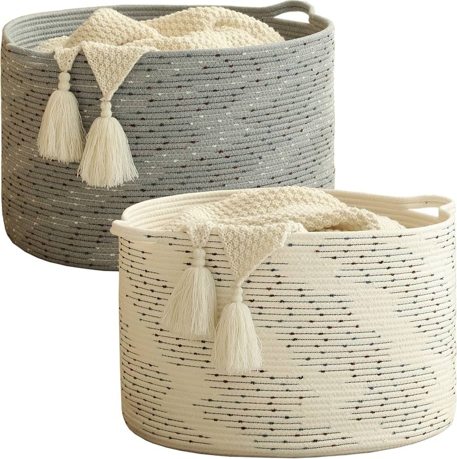 KAKAMAY Large Cotton Rope Blanket Basket (20"x13"),Woven Baby Laundry Hamper，Blanket Basket for... | Amazon (US)