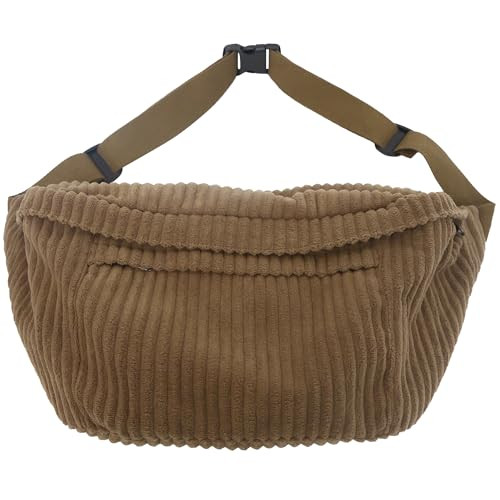 Crossbody Bag Fanny Pack for Women Men, Corduroy Waist Pack Large Chest Bag with Adjustable Strap for Workout Travel Sports Running (Brown-1) | Amazon (US)