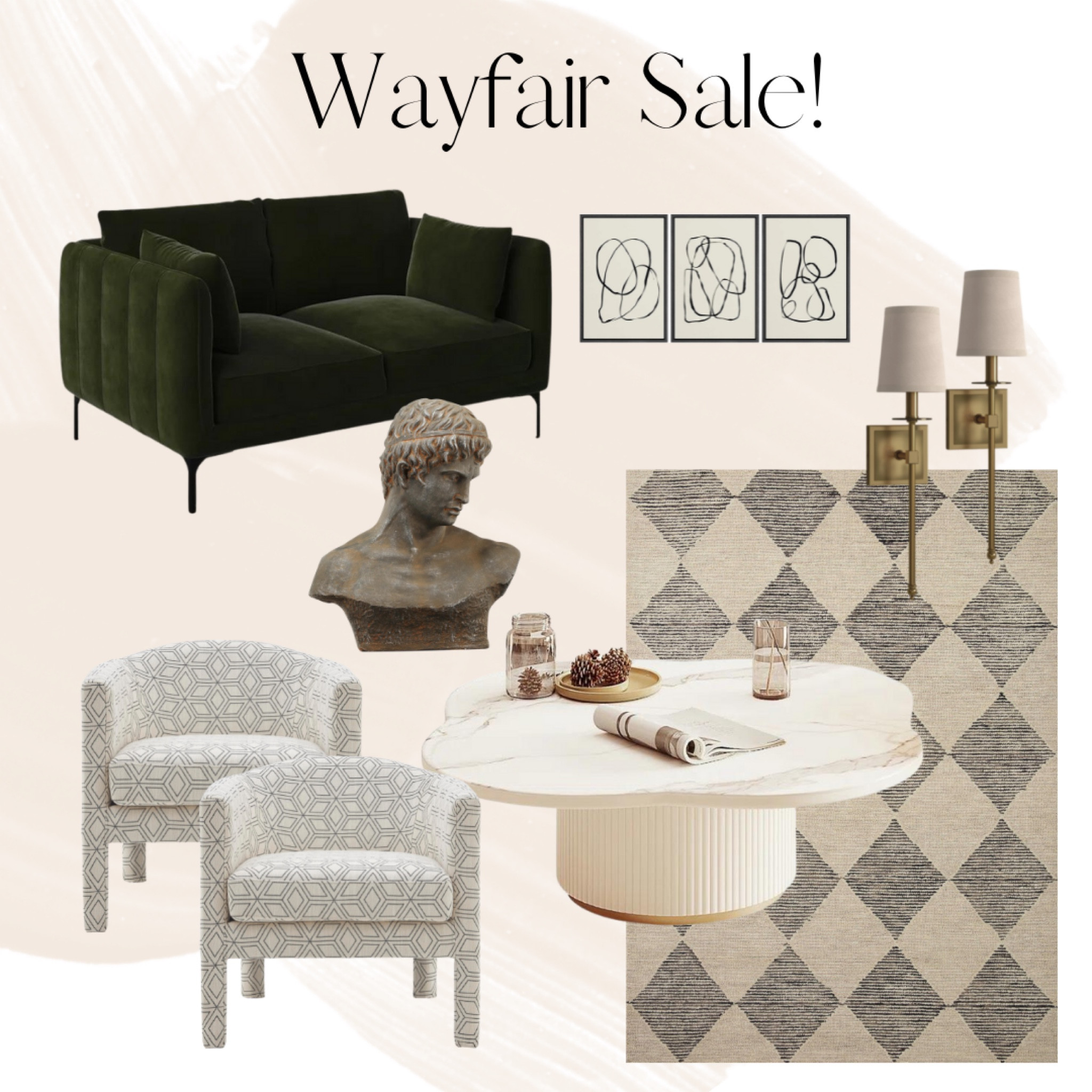 If I could buy it all 😍😅
What I’m currently loving at Wayfair. 

Velvet green loveseat couch, checkerboard rug, bust statue, fluted coffee table, sconces, abstract art, geometric chairs 

#LTKSale #LTKsalealert #LTKhome