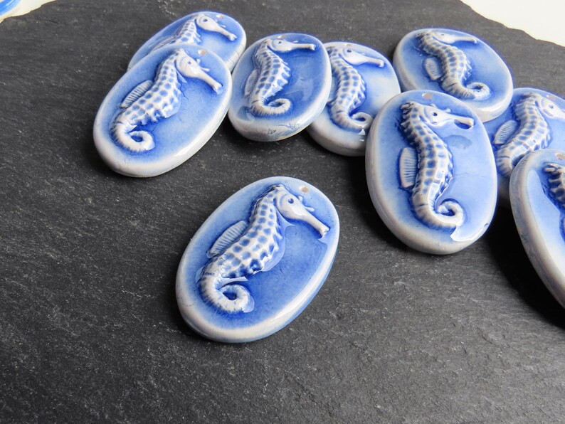Ceramic Seahorse Pendant Handmade Focal, Glazed Artisan Oval Charm for Jewelry Making, Handcrafte... | Etsy (US)