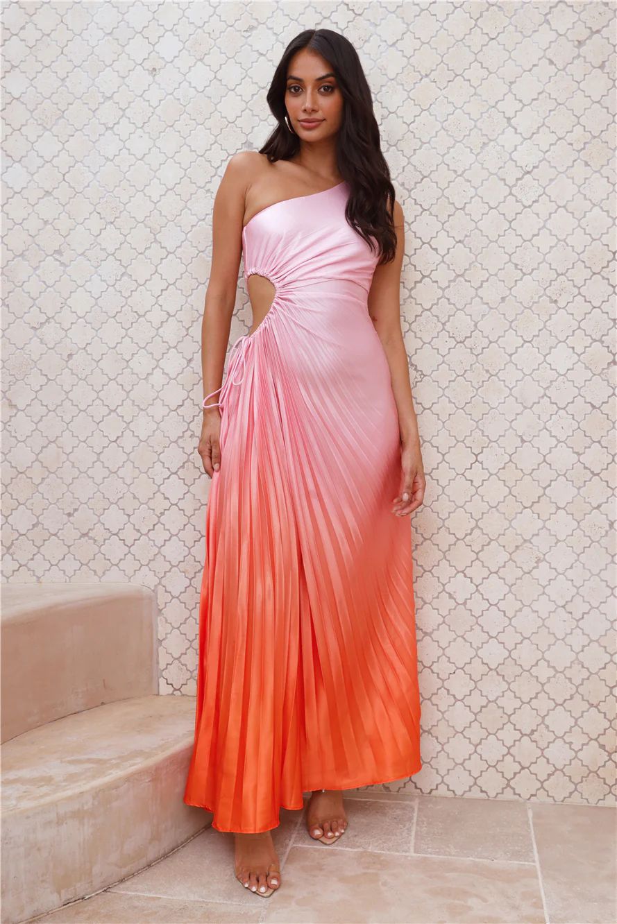 Energy High One Shoulder Satin Maxi Dress Pink | Hello Molly