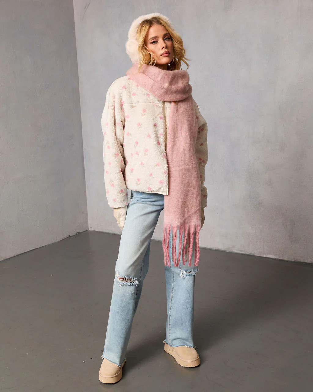 Winter Petal Printed Teddy Jacket | VICI