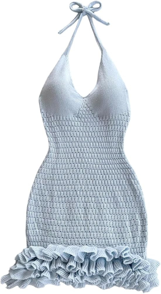 GORGLITTER Women's Crochet Halter Bubble Mini Dress Bow Backless Summer Bodycon Knit Dress Vacati... | Amazon (US)