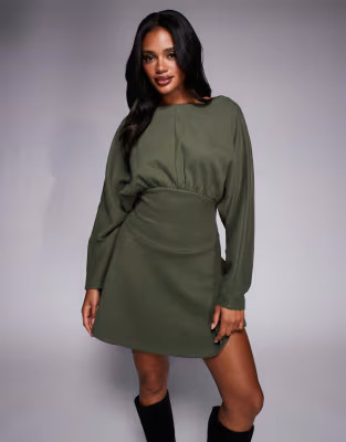 ASOS DESIGN supersoft slash neck blouson batwing mini dress in khaki | ASOS | ASOS (Global)