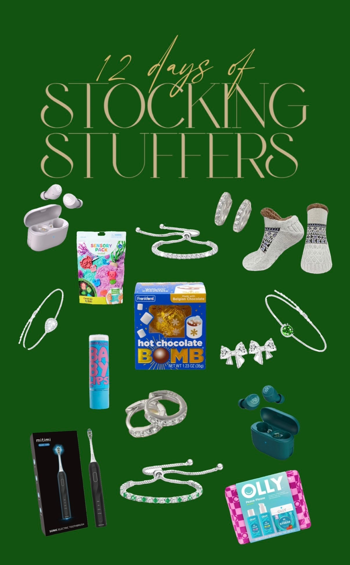 It’s the 12 Days of Stocking Stuffers! 🎄

My favorite items included here:
• ✨ Sparkle & Shine: Gorgeous tennis bracelets, dainty studs, and classic hoop earrings that are perfect for adding a little everyday bling.
• 🎧 Tech Finds: Sleek wireless earbuds and a travel-friendly electric toothbrush for practical gifts.
• 🍫 Cozy Treats: Can't forget the fun stuff like hot chocolate bombs and fuzzy slipper socks!
• 💖 Wellness & Fun: The Olly vitamins set and a sensory pack for a little self-care and stress relief.

#StockingStuffers #12DaysOfChristmas #HolidayGifts #ChristmasGifts #LTKHoliday #LTKGiftGuide #GiftsForHer #GiftsForHim #SmallGifts #LTKFinds

#LTKGiftGuide #LTKHoliday #LTKSeasonal