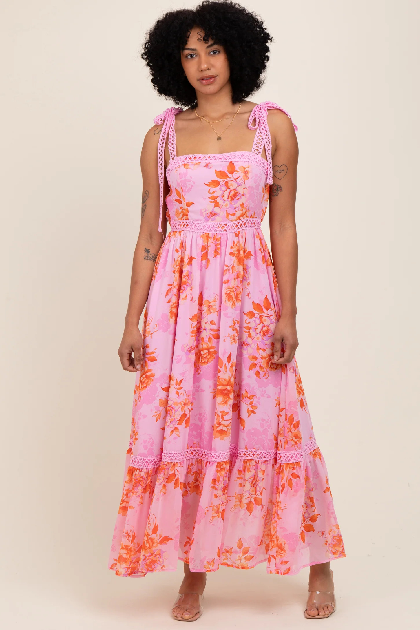 Pink Floral Shoulder Tie Tiered Maxi Dress | PinkBlush Maternity
