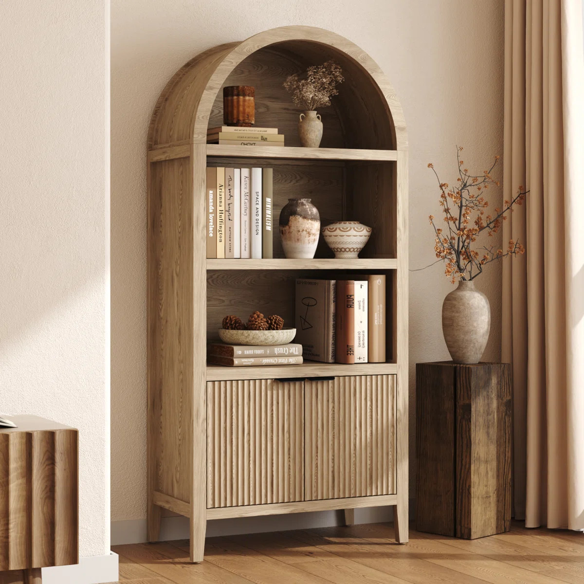 71" Tall  Arched Bookcase with Fluted Doors and Open Shelf | Wayfair North America