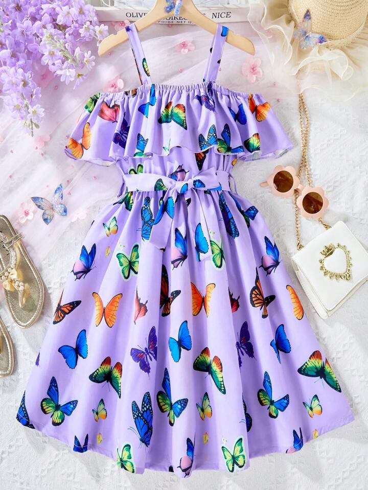 SHEIN Tween Girl Butterfly Printed Off-Shoulder Cami Dress For Summer | SHEIN USA | SHEIN