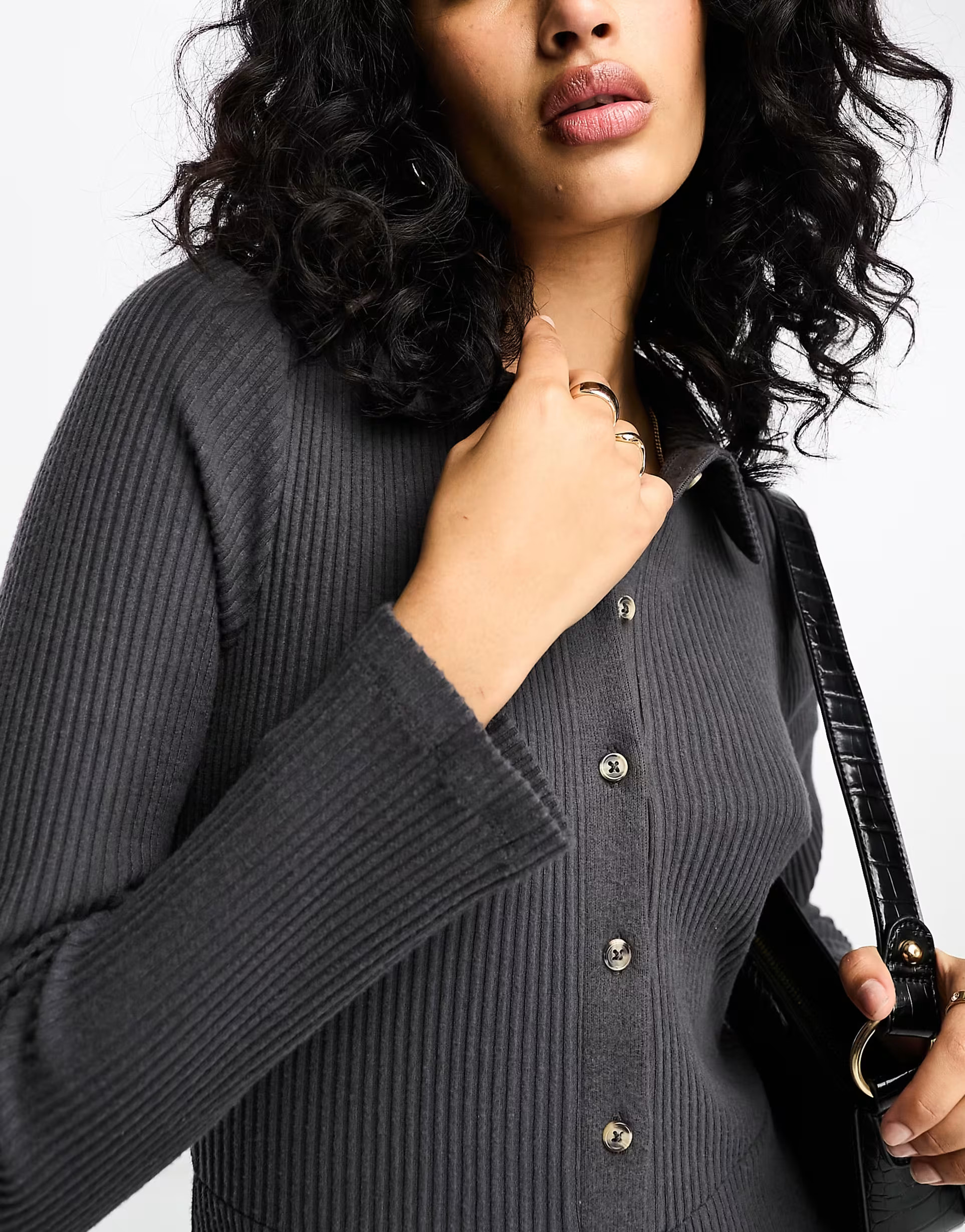 ASOS DESIGN super soft button up ribbed jumpsuit in charcoal | ASOS (Global)