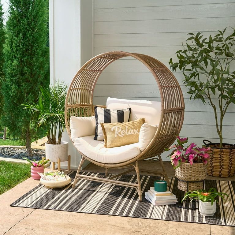 Better Homes & Gardens Bellamy Round Wicker Outdoor Egg Chair, Beige - Walmart.com | Walmart (US)