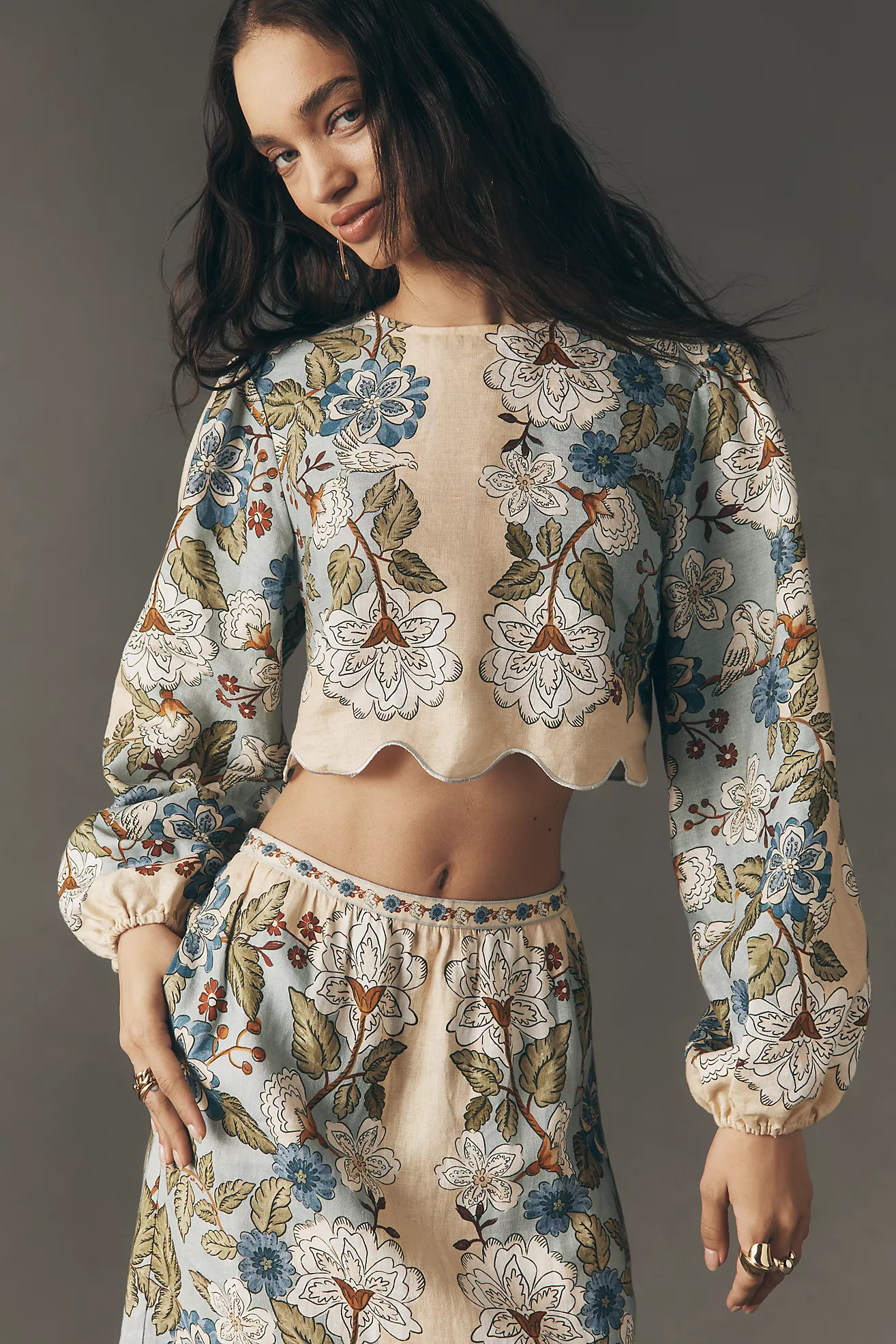 Farm Rio Garden Linen Scalloped Crop Top | Anthropologie (US)