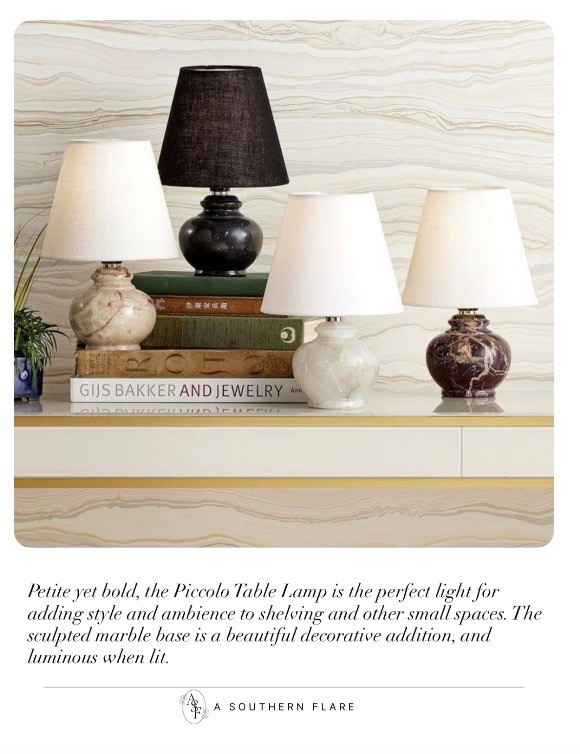 Petite yet bold, the Piccolo Table Lamp is the perfect light for adding style and ambience to shelving and other small spaces. The sculpted marble base is a beautiful decorative addition, and luminous when lit./ Home Accessories
