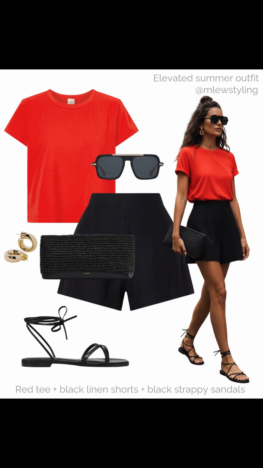 Red & black ❤️‍🔥

Tags: elevated summer outfit, Leset t-shirt, black linen shorts, Margaux wrap sandals, raffia clutch bag, past midnight sunglasses, outfit formulas