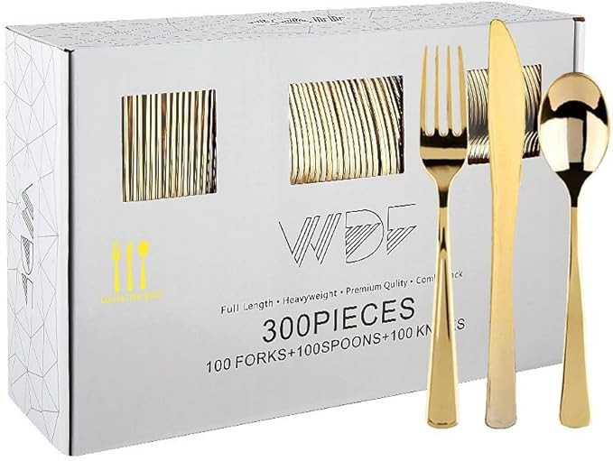 WDF300 Pieces Gold Plastic Silverware - Heavy Duty Disposable Gold Cutlery Set Plastic Gold Silve... | Amazon (US)