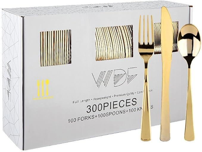 WDF300 Pieces Gold Plastic Silverware- Disposable Flatware Set-Heavyweight Plastic Cutlery- Inclu... | Amazon (US)