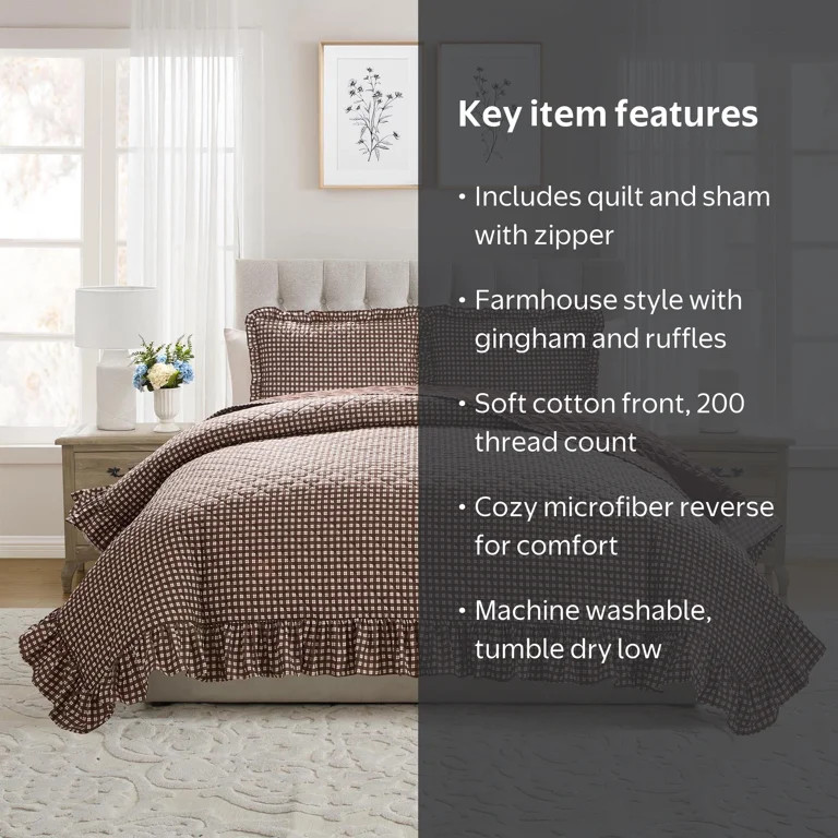 My Texas House Gingham Ruffle 2-Piece Brown Adult Quilt Set, Twin/Twin XL | Walmart (US)