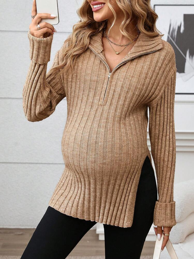 SHEIN Maternity Casual Zip-Up Ribbed Knitted Long Cardigan, Autumn/Winter | SHEIN