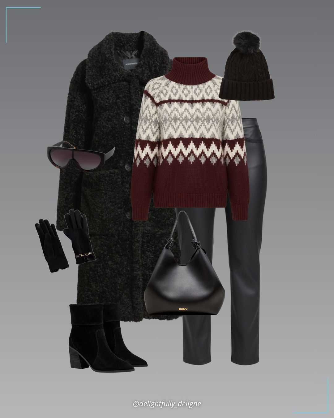 Après-Ski Inspired ❄️🖤 Long teddy coat, Fair Isle mock-neck sweater, pull-on vegan leather pants, suede booties, cable-stitch pom beanie, Nine West solid gloves with horsebit & PU trim, large tote bag & tortoiseshell après-ski sunglasses. 

 #LTKootd #LTKSeasonal #LTKOver40