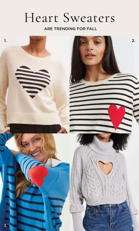 Striped heart sweaters are trending for fall and check out that cut out heart sweater! So cute! Black and white stripe with small red heart, striped heart on solid ivory sweater, striped sweater with hearts on the elbow - cones in multiple colors. 

#LTKover40 #LTKFind #LTKstyletip