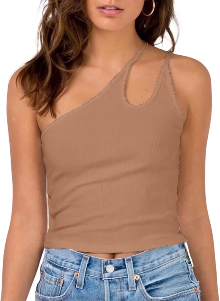 LilyCoco Women's Sexy One Shoulder Cutout Crop Top Sleeveless Ribbed Knit Cami Tank Slim Fit Cami... | Amazon (US)