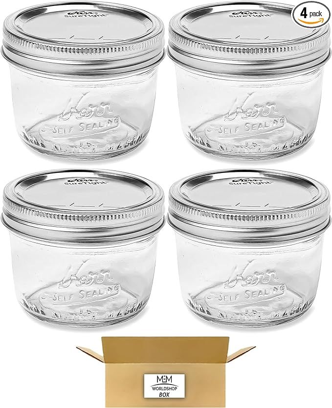 (4 Pack) - Kerr Wide Mouth Half-Pint Glass Mason Jars 8-Ounces with Airtight Lids and Bands - For... | Amazon (US)