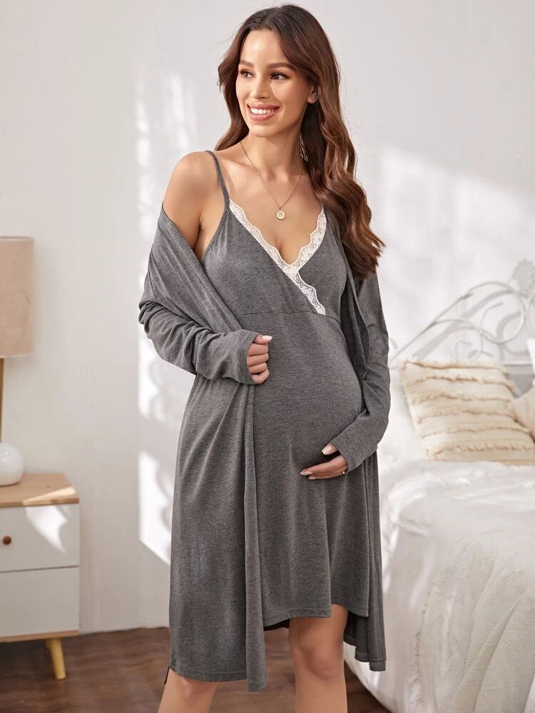 Maternity Contrast Lace Cami Sleep Dress & Robe Lounge Set | SHEIN