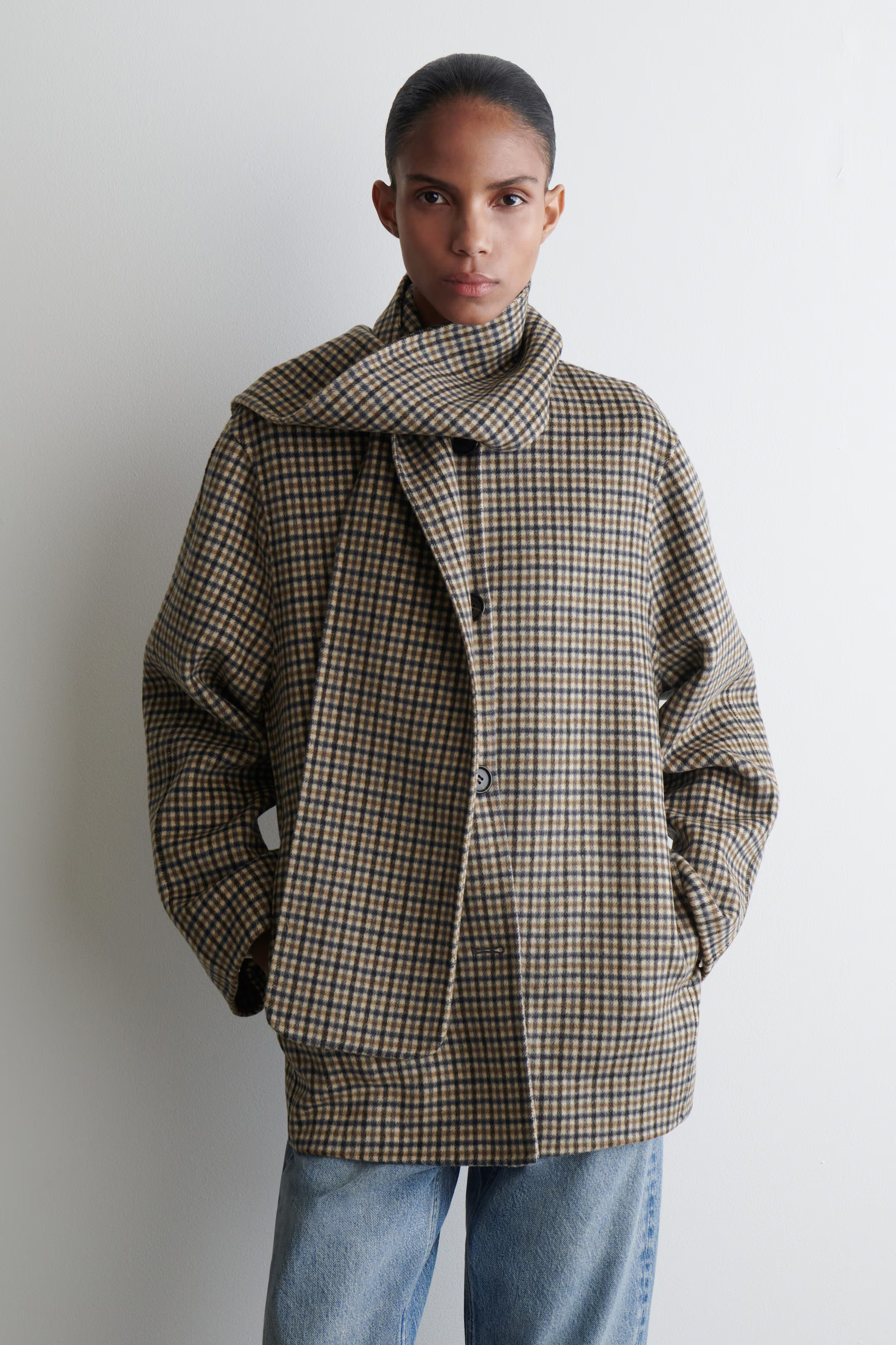 DOUBLE-FACED WOOL SCARF JACKET - BEIGE / CHECKED | COS | COS UK
