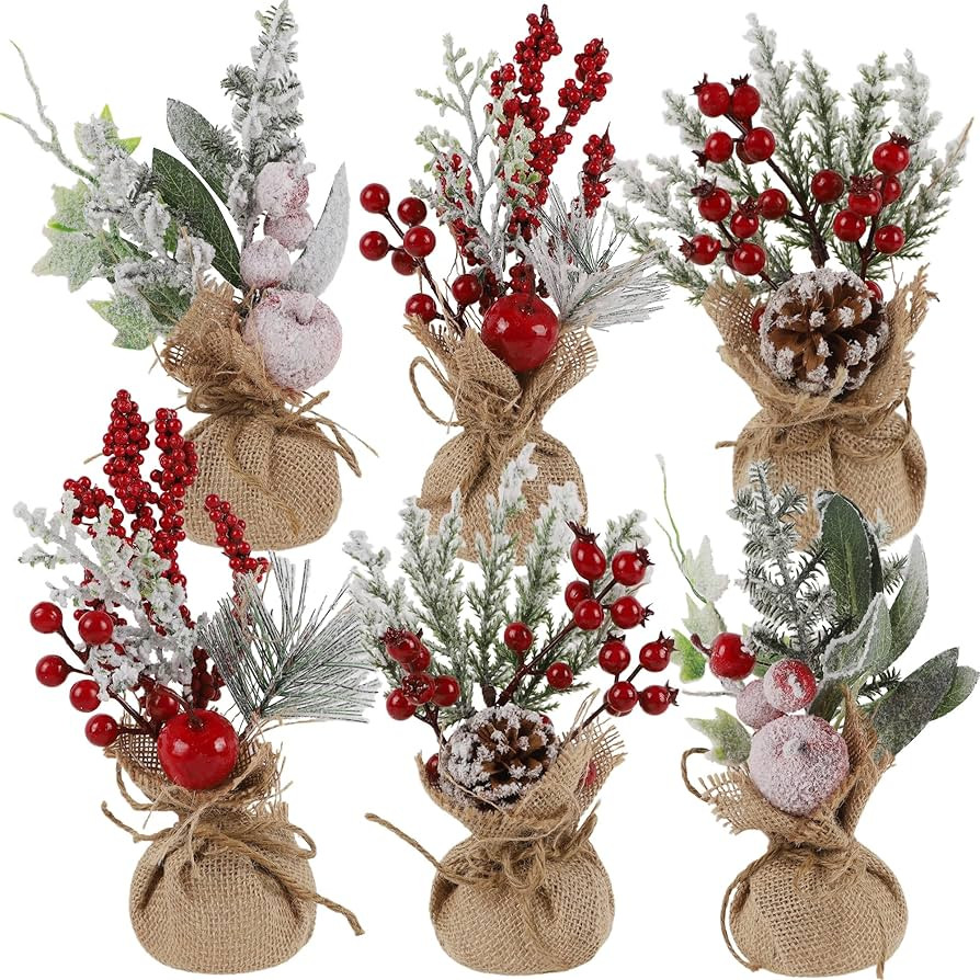 winemana 6 Pcs Mini Christmas Tree Table Decorations, 9" Small Artificial Trees with Red Berries ... | Amazon (US)