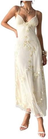 SOLY HUX Women's Summer Floral Embroidered Mesh Dress Formal Deep V Neck Maxi Cocktail Party Dres... | Amazon (US)