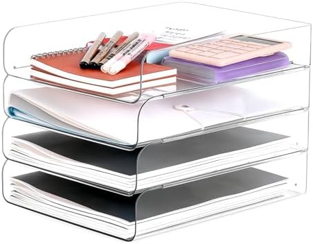 Set of 4 Office Organization and Storage, Clear PET Letter Tray Desk Organizer, Stackable Documen... | Amazon (US)