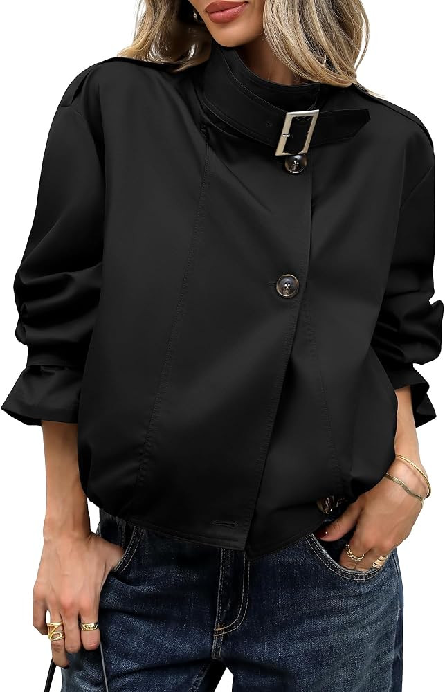 ELLEVEN Women's Funnel Neck Cropped Trench Coat, Vintage Crop Jackets | Amazon (US)