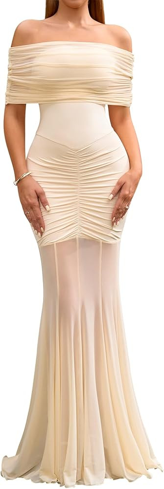 HTZMO Women Sexy Off Shoulder Bodycon Maxi Dress Strapless Ruched Wedding Guest Formal Party Long... | Amazon (US)