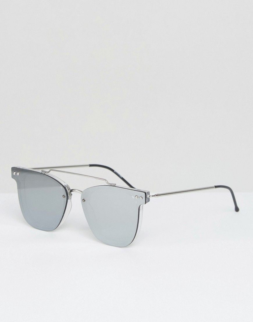 Spitfire Flat Lens Sunglasses with Mirror Lens and Silver Metal Double Brow Bar - Silver | ASOS US