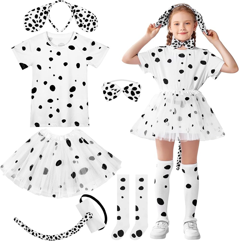 SOMSOC 6 Pieces Halloween Girls Dalmatian Dog Costume Set T-Shirt Headband Tail Bow tie Socks Tut... | Amazon (US)