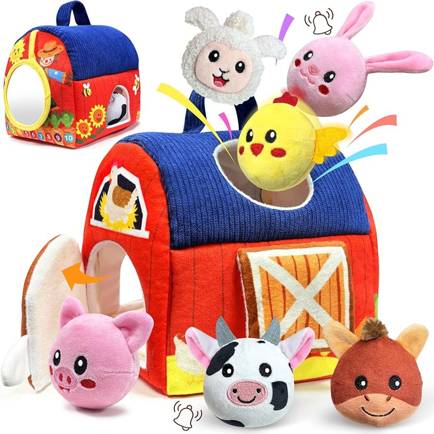 Baby Toys 6-12 Months - Infant Barn Toy with Stuffed Farm Animals, Rattle, Crinkle, Squeak, Mirro... | Amazon (US)