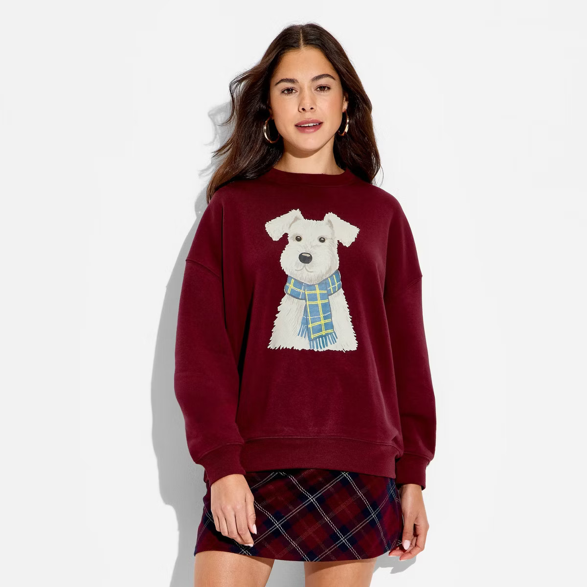 Women's Dog Scarf Fleece Graphic Pullover Sweatshirt - Burgundy | Target