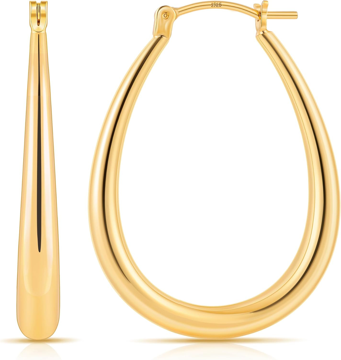 Chunky Hoop Earrings for Women, 14K Gold Plated Oval Hoops | Amazon (US)