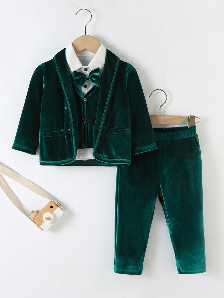 Baby Bow Front Shirt & Velvet Blazer & Waistcoat & Pants | SHEIN