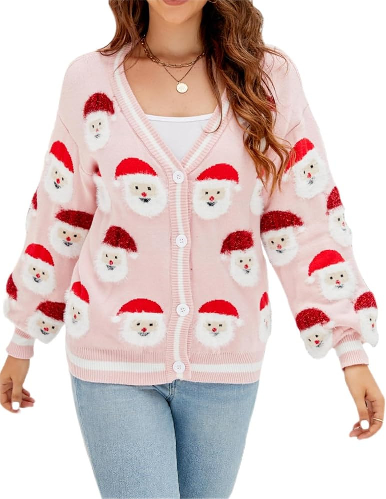 LUBOT 2024 Ugly Christmas Sweater for Women Christmas Cardigans Long Sleeve V Neck/Crewneck Xmas ... | Amazon (US)